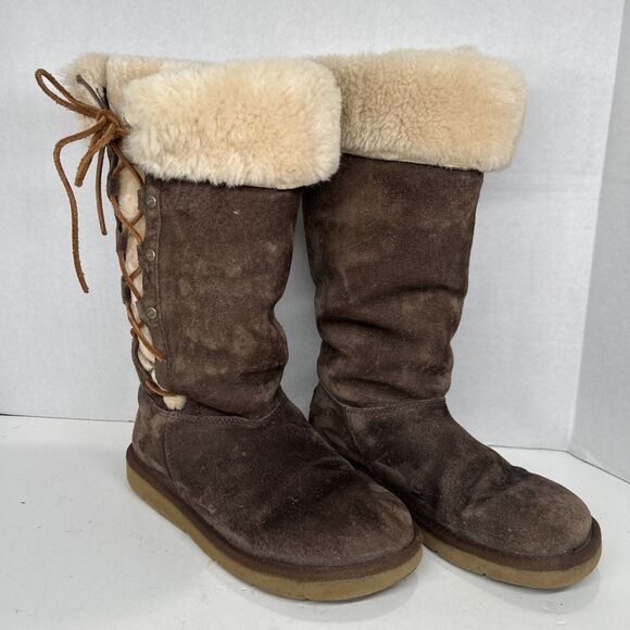 UGG Upside Brown Size 8 Suede Tall Lace Up Winter Boots - Picture 1 of 11